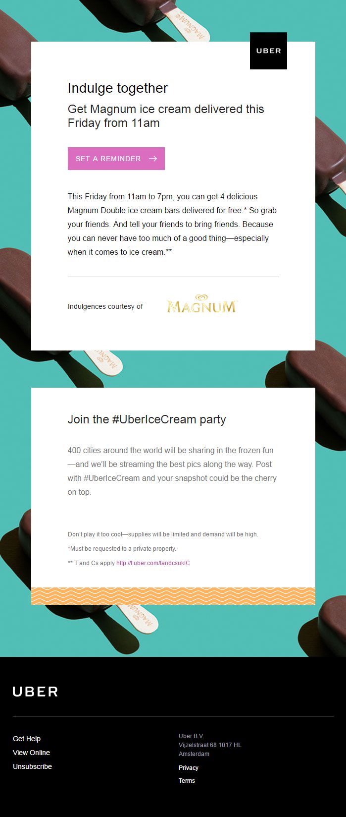 Image of an email from Uber, featuring free ice cream offer.