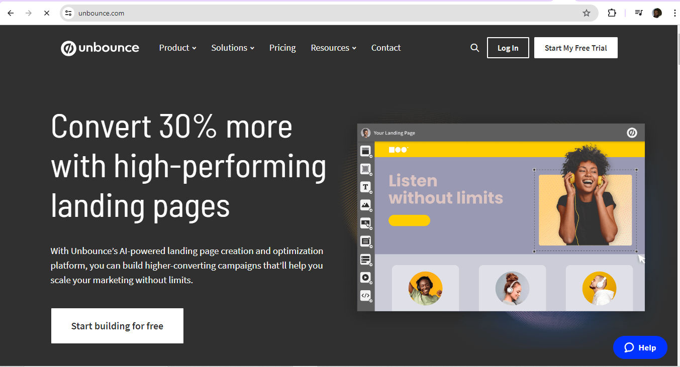 A screenshot of Unbounce's landing page.