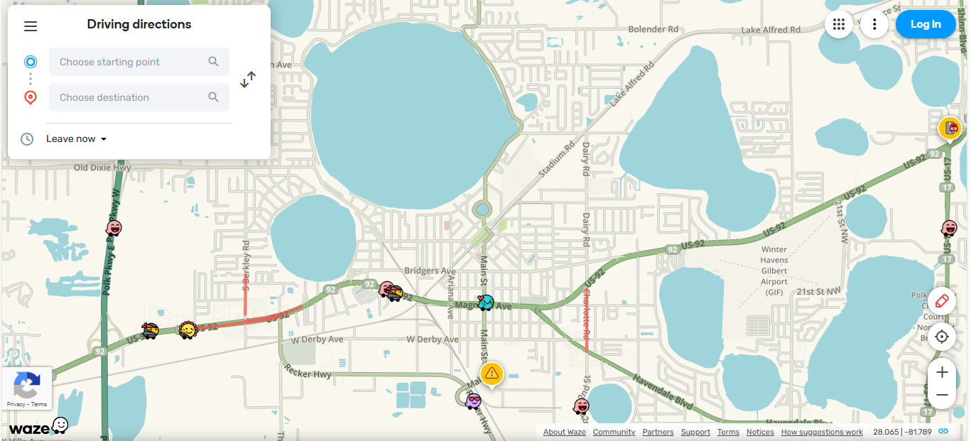 A screenshot from Waze showing driving directions.