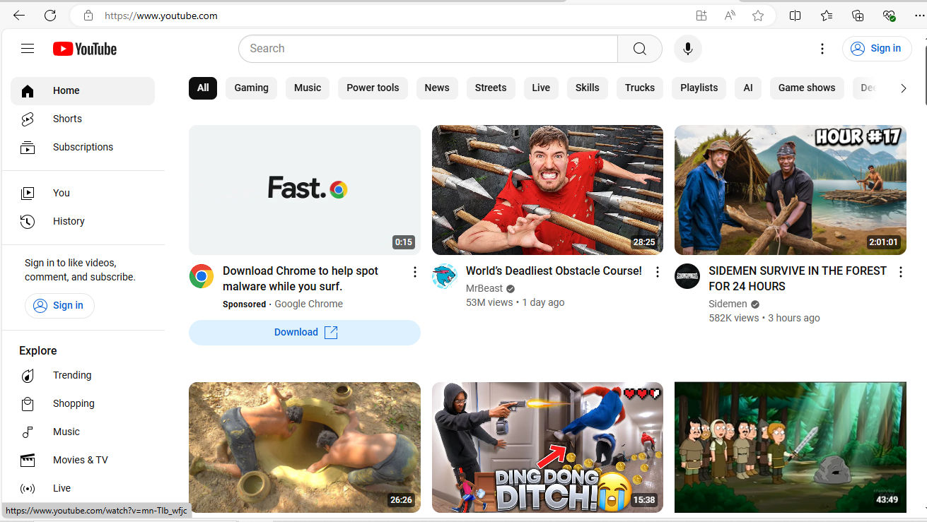 A screenshot of YouTube's home page.