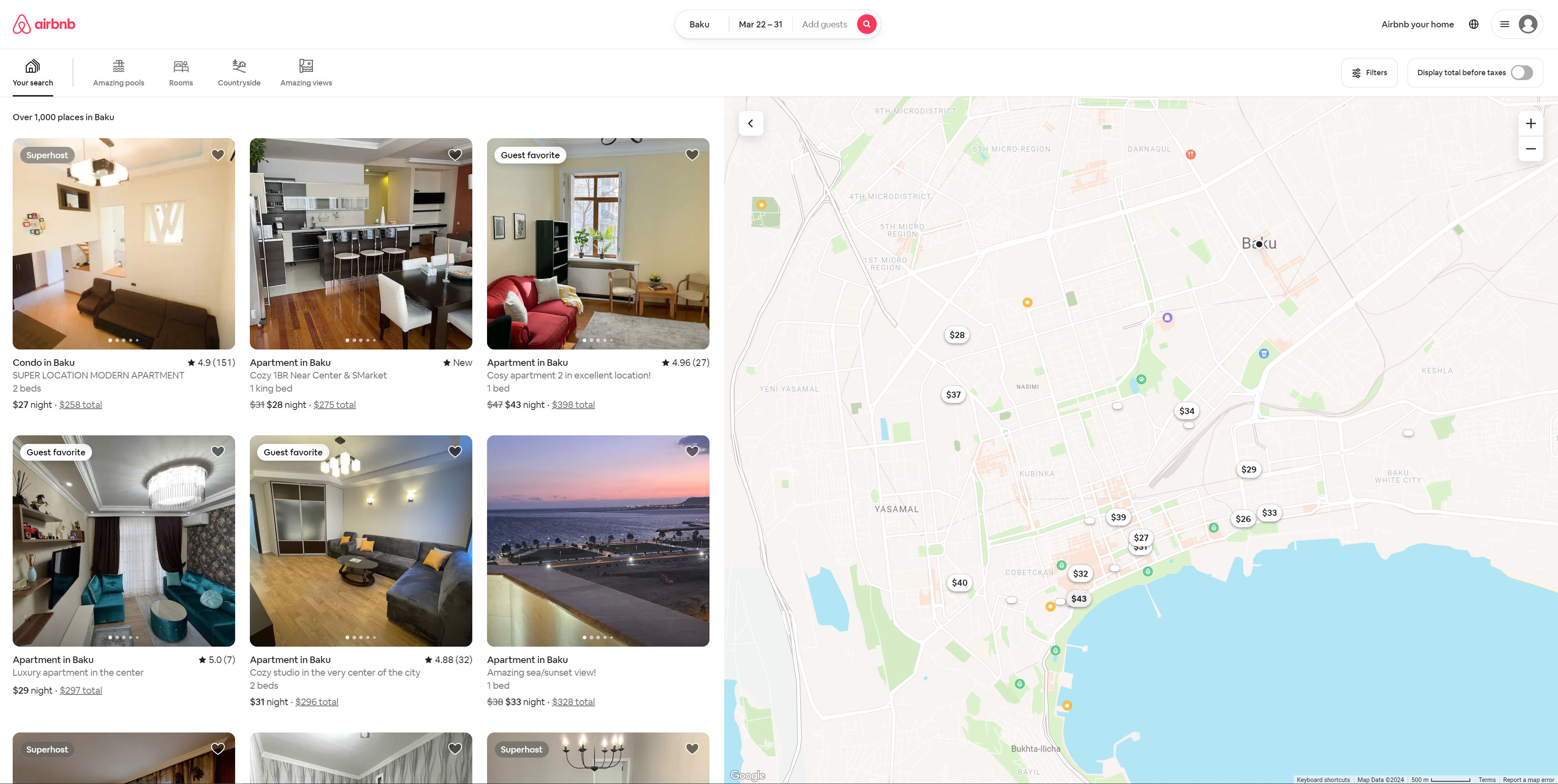A screenshot of Airbnb listings in Baku.