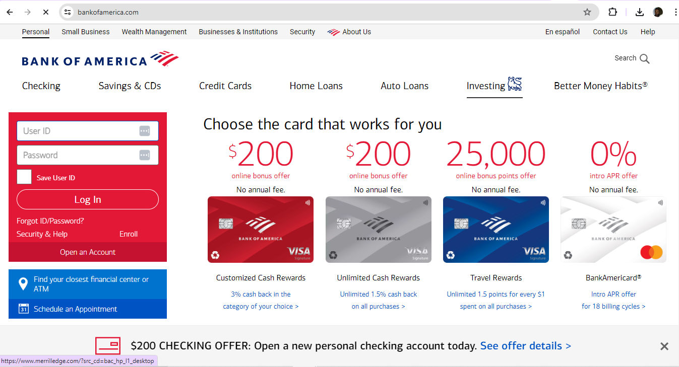 A screenshot of Bank of America's home page.