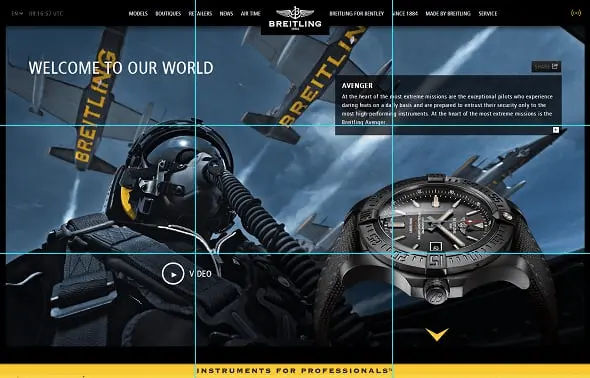 Image of a webpage featuring a pilot inside a cockpit, with the rule of thirds grids shown for illustration.