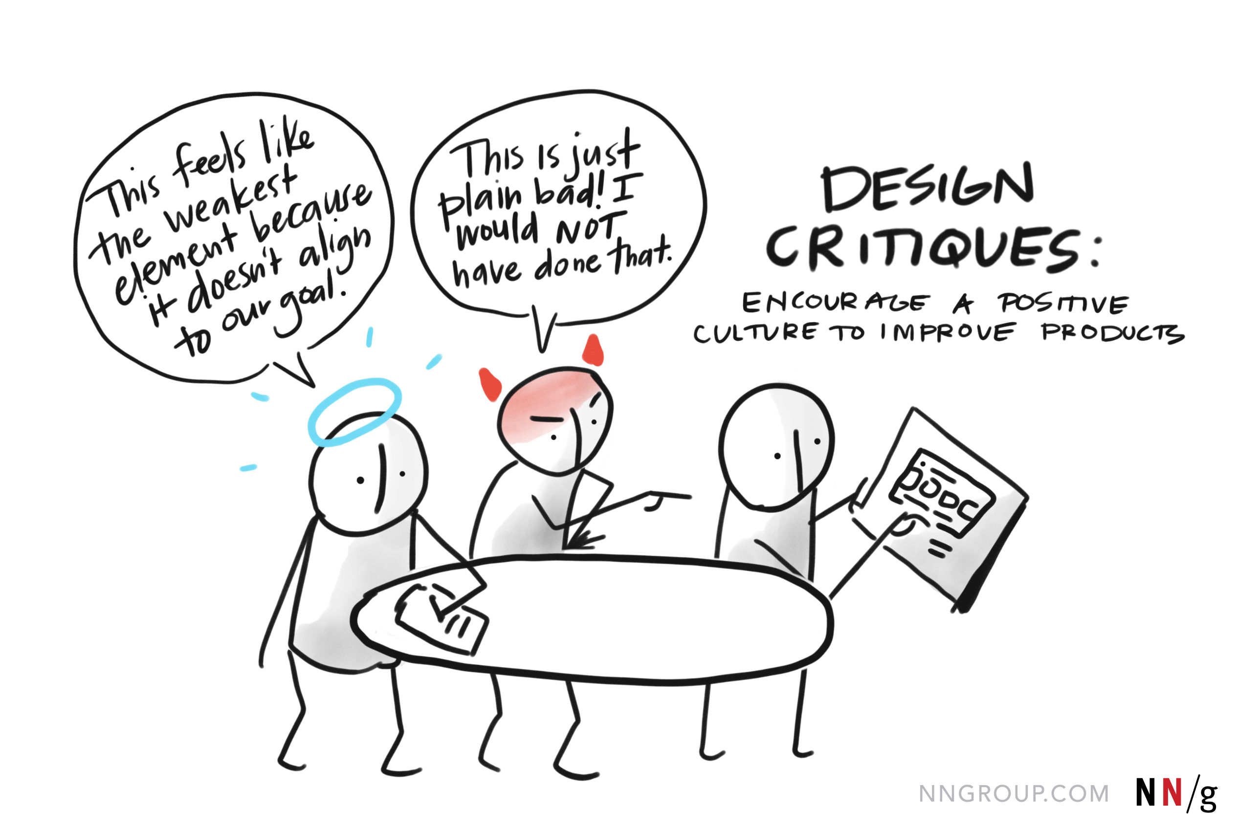 An illustration of three figures: one good critic, one bad critic and a designer whose work they're reviewing.