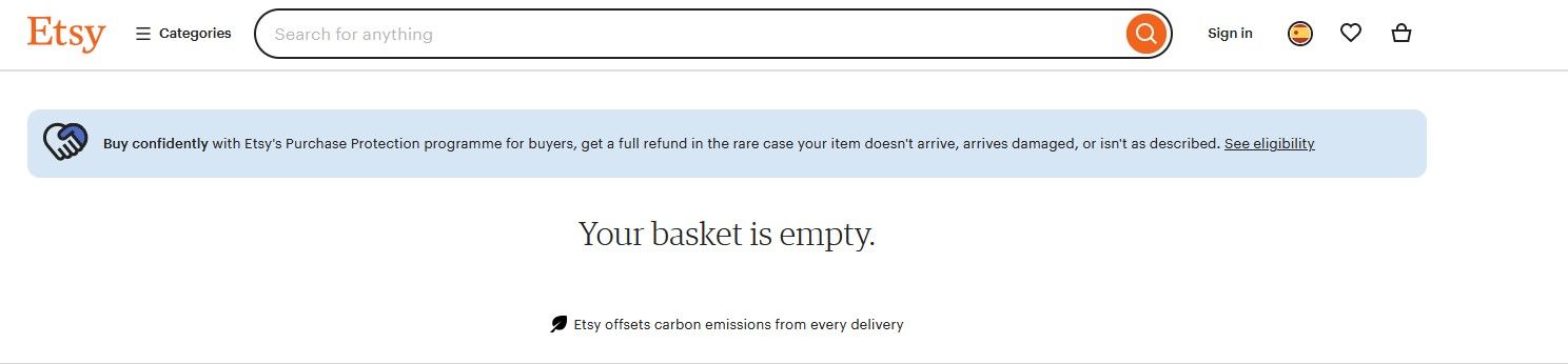 Screenshot's of an empy basket on Etsy.