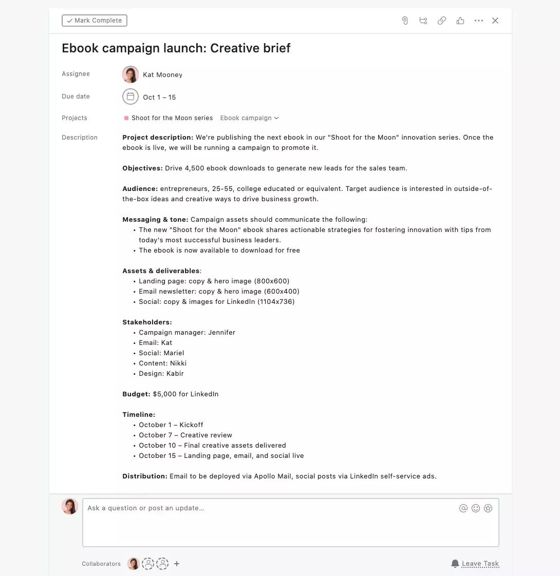 An image of a design creative brief for an Ebook campaign launch.