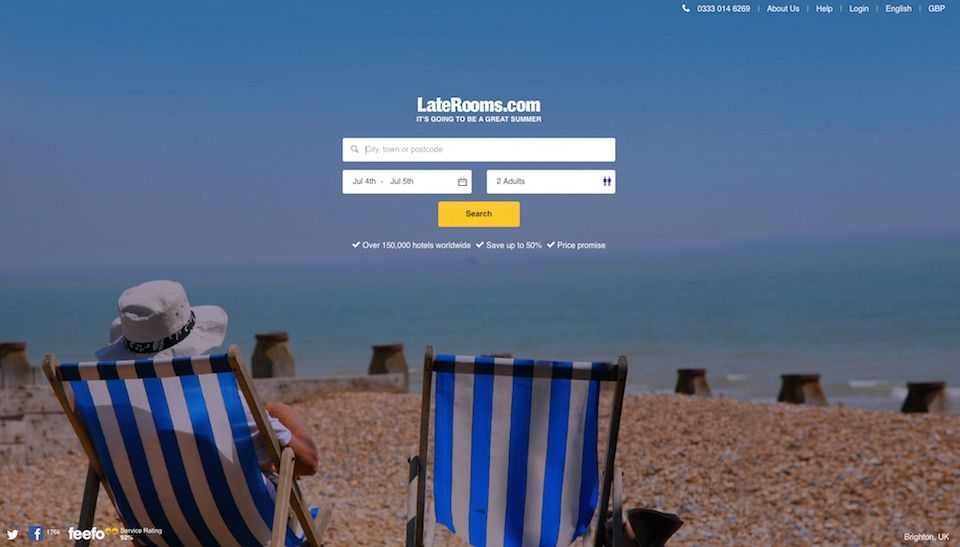 Image showing the new homepage from the Laterooms site.