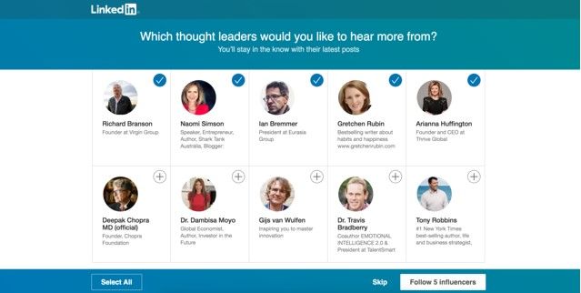 Screenshot of a LinkedIn popup that asks who would you like to follow and gives you some suggestions.