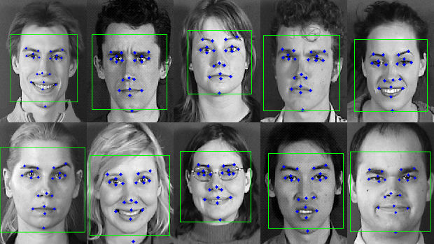 Image of faces with eyes, nose and mouth features highlighted by computer