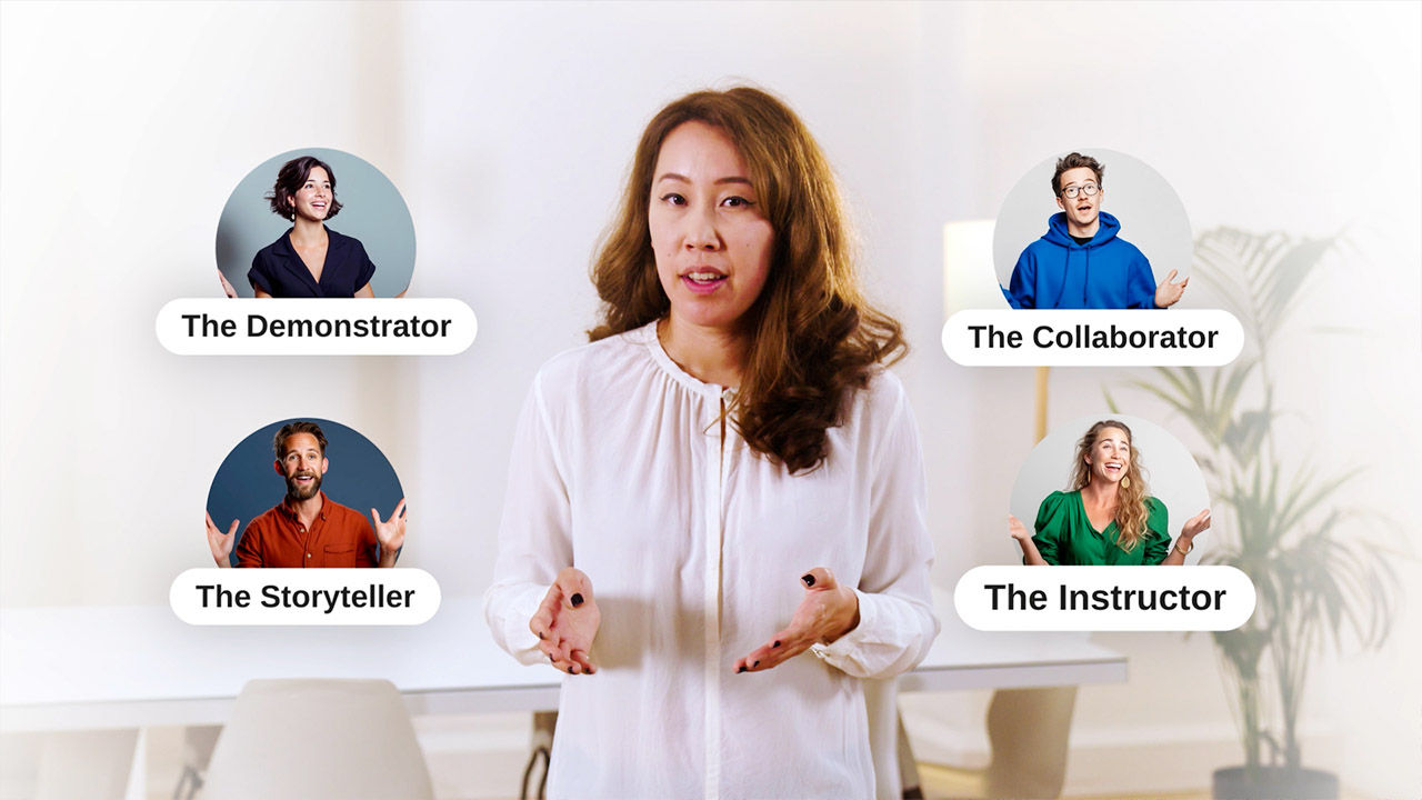 An image of the instructor with four people portraying roles at the corners: the Demonstrator, the Collaborator, the Storyteller, and the Instructor.