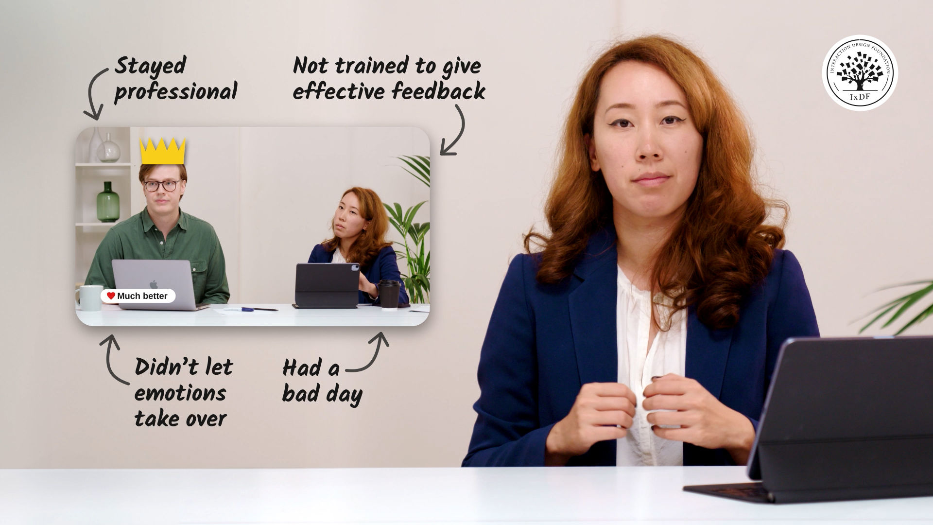 An image of two people illustrating the characters of a presenter who stayed professional and didn't let emotions take over, and an audience member who had a bad day and was not trained to give effective feedback.