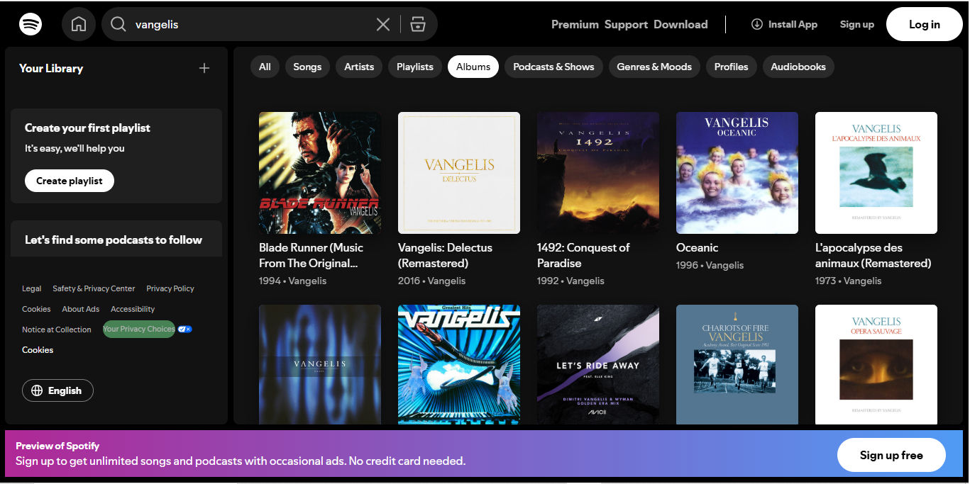 A screenshot from Spotify showing selections from the artist Vangelis and color use on the page.