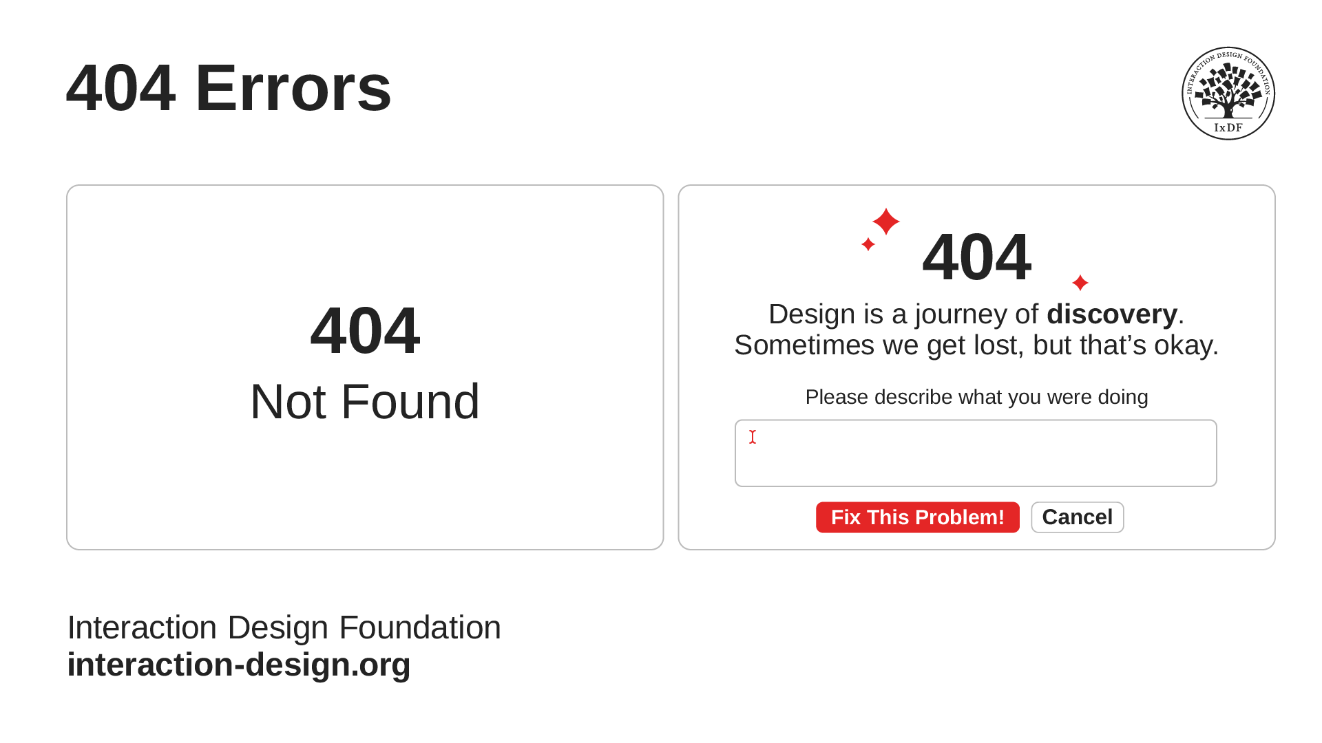 An illustration of two different 404 error screens side by side.