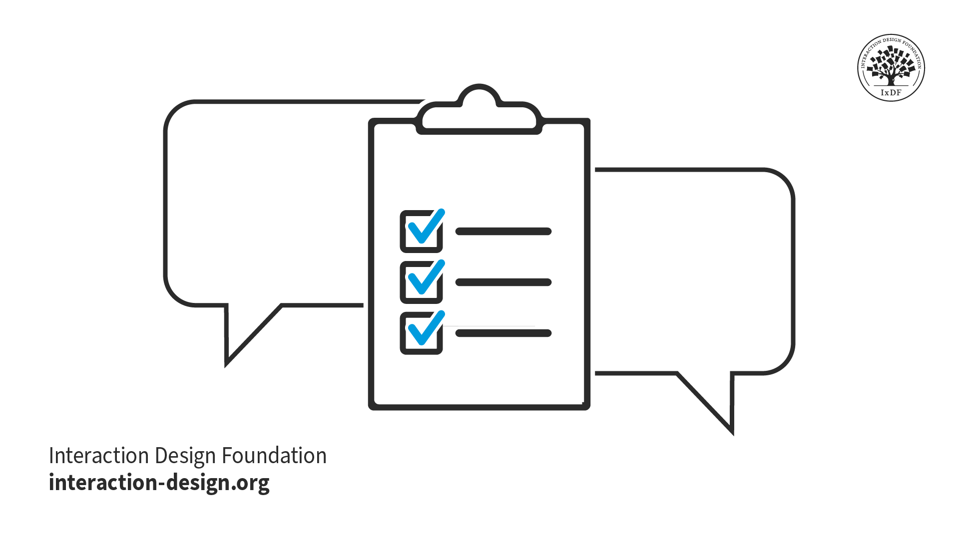 An illustration of speech bubbles around a clipboard.