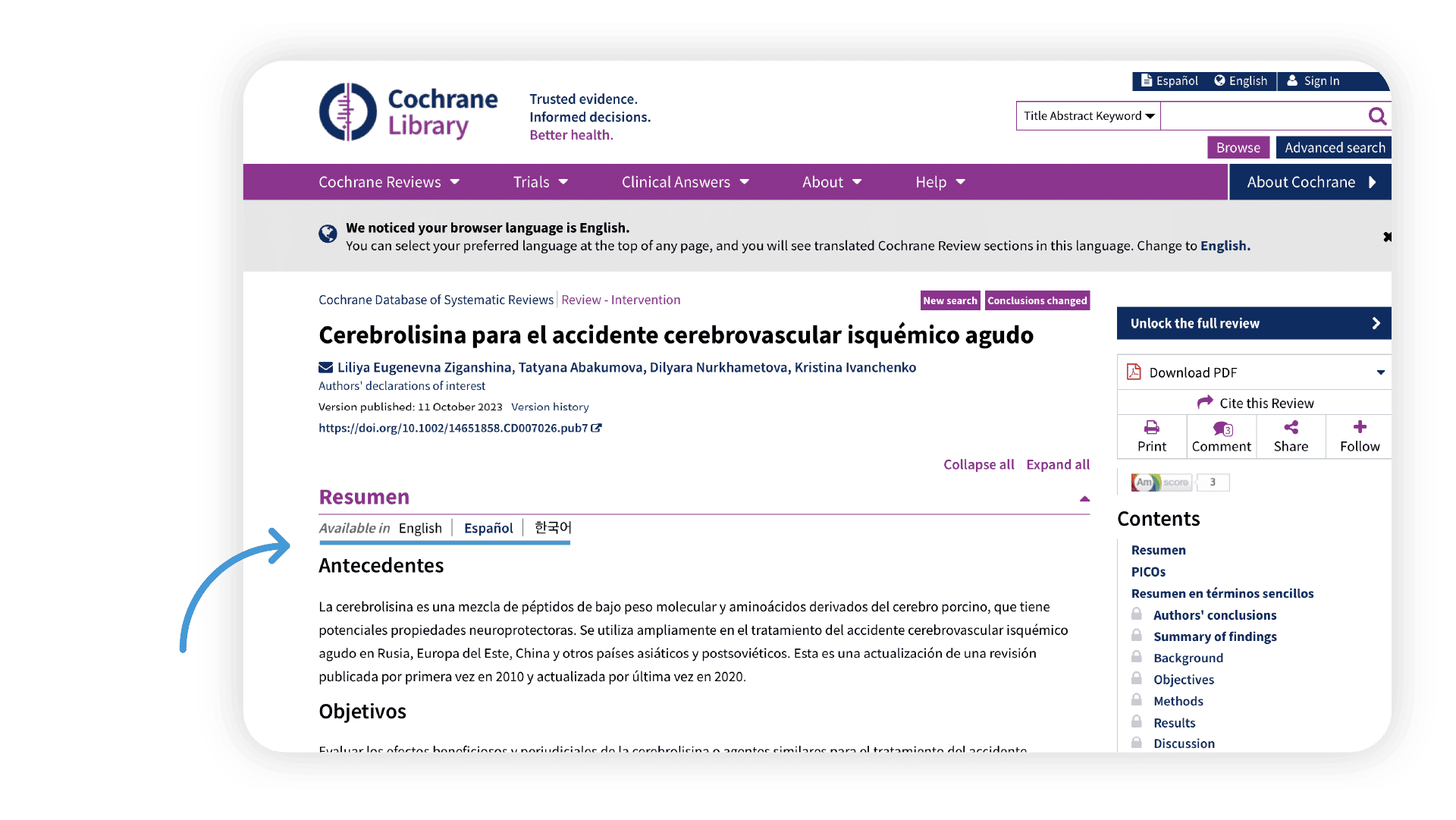 A screenshot showing an example of available translations within the Cochrane Library. 