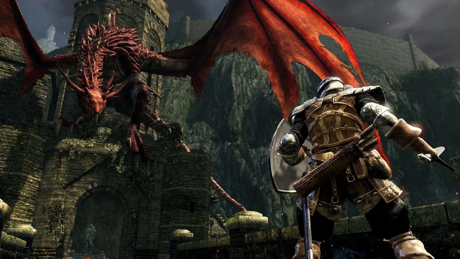 A warrior in armor with a sword and shield fighting a red dragon in a castle from the video game Dark Souls Remastered.