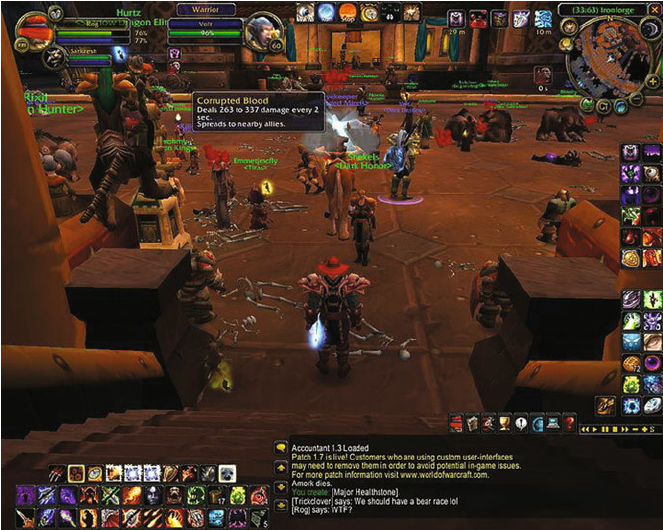 A collection of player characters in the video game World of Warcraft. They are surrounded by skeletons of the player characters who were infected with the Corrupted Blood spell.