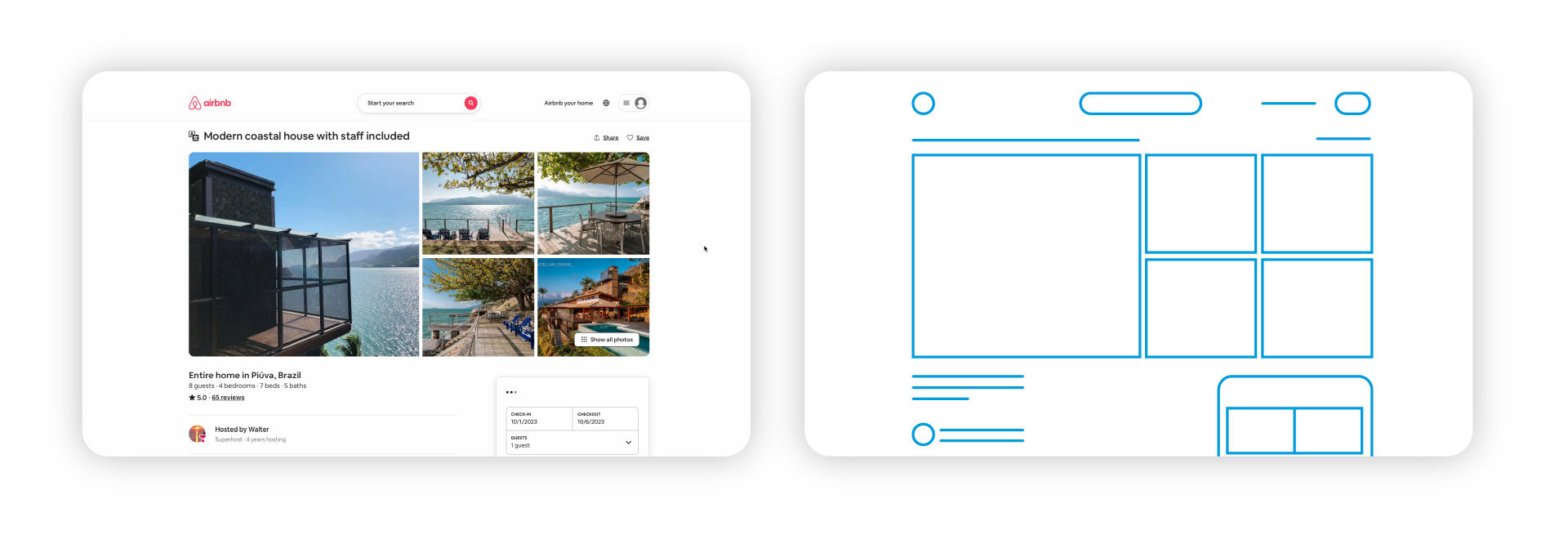 Screenshot of the Airbnb website and a wireframe drawn based on the screenshot to show the shapes of the elements on the interface.