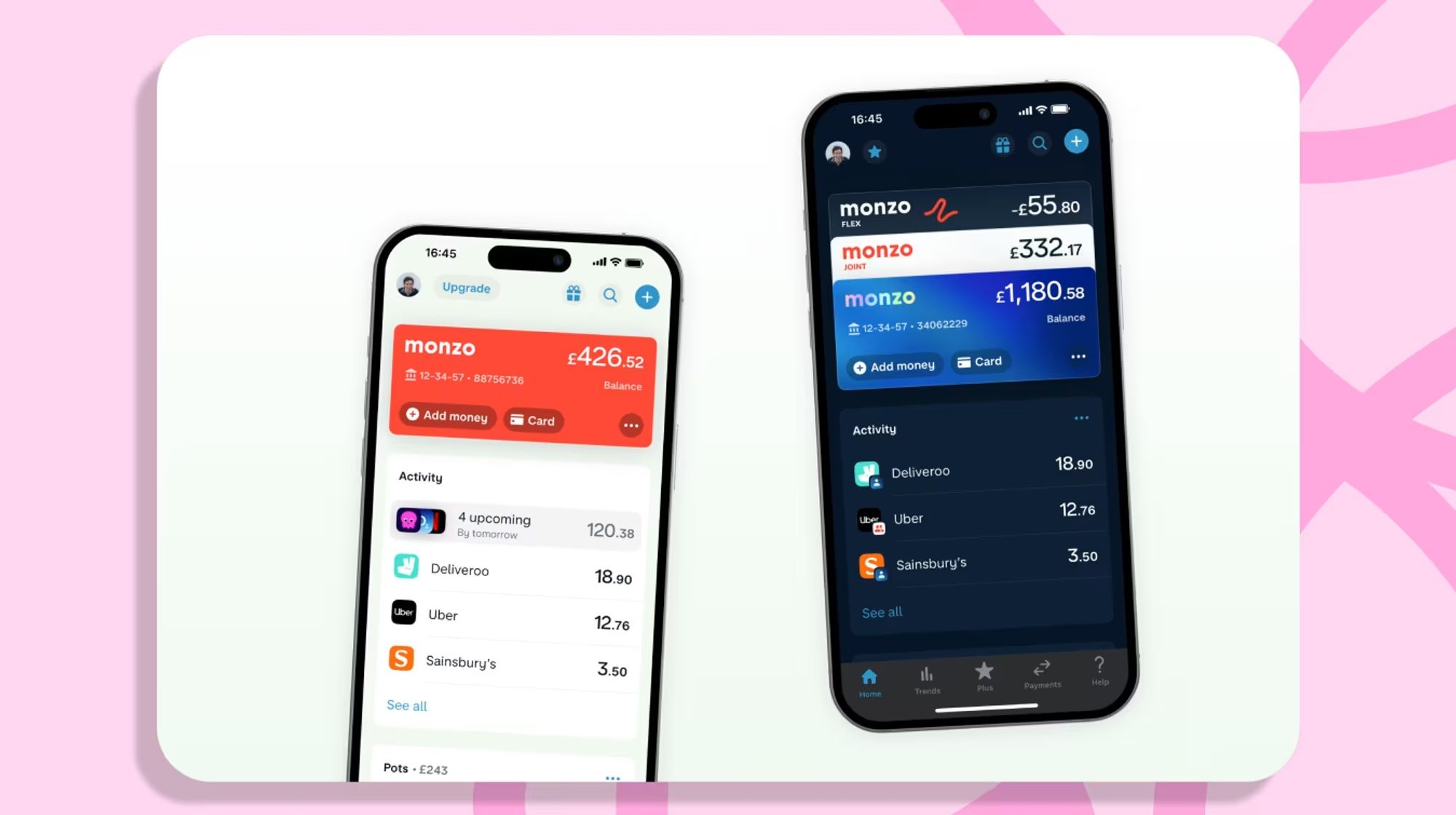 Two Monzo app screens side by side showing the banking interface and transaction lists: The left screen displaying one account, the right showing three accounts