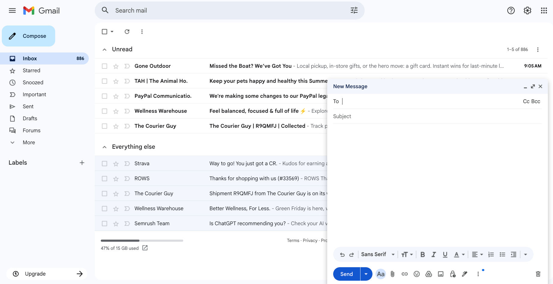 Gmail inbox showing a list of email message objects with sender names, subject lines, and preview text, alongside an open compose window for drafting a new message.