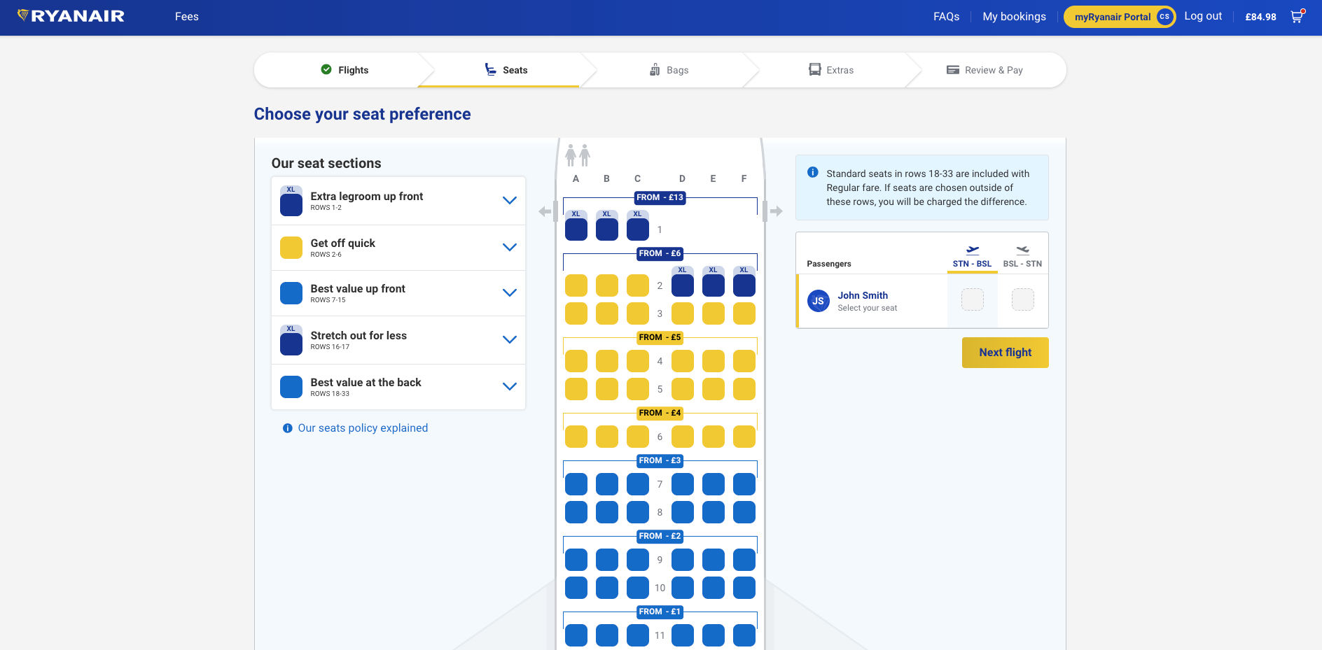 Ryanair seat selection screen showing a visual map of available and unavailable seats on an aircraft, with passenger names and seat options displayed as part of the reservation booking object