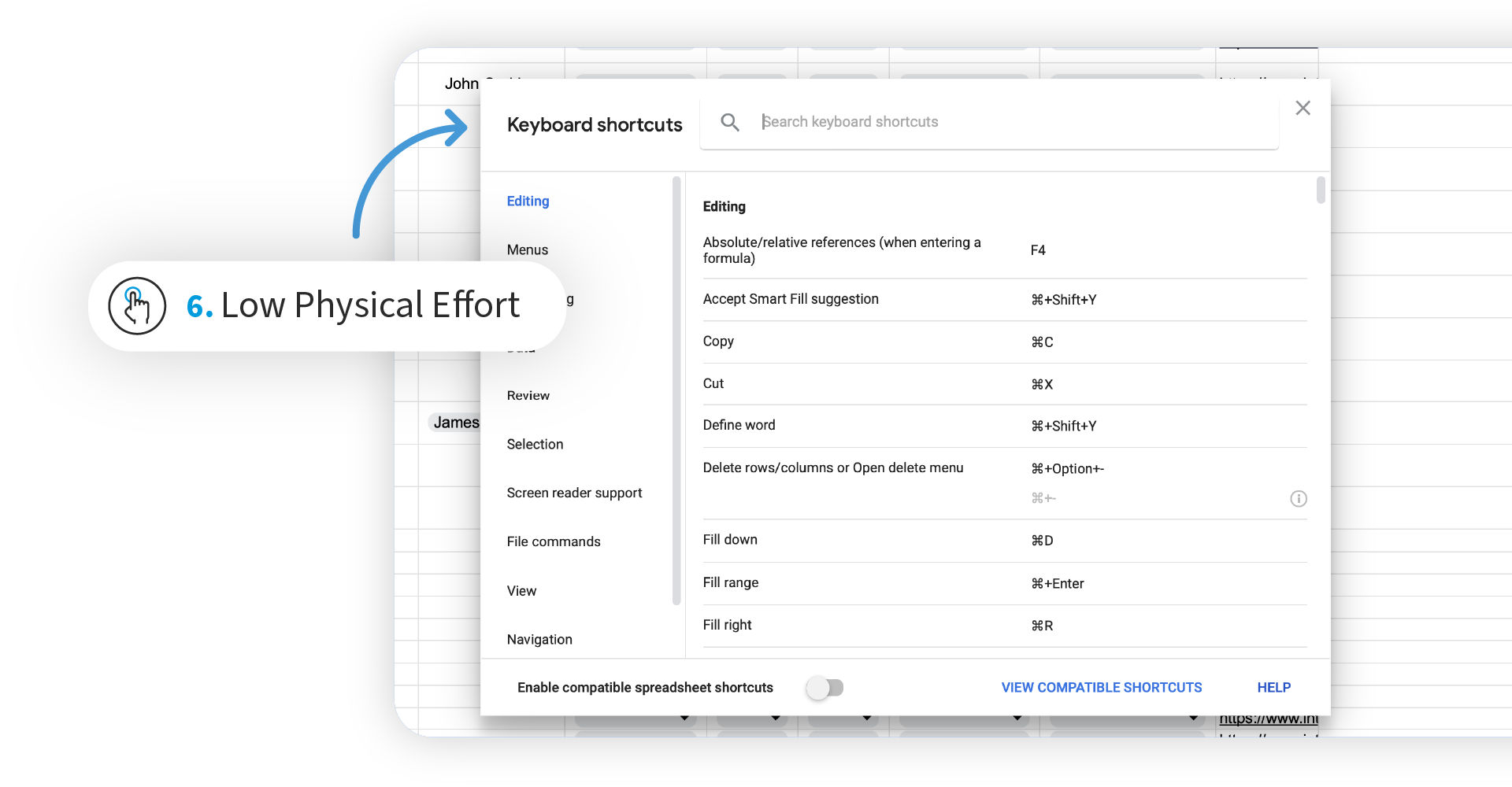 Screenshot of Google Sheets option page, showing some Computer PC shortcuts for common actions.