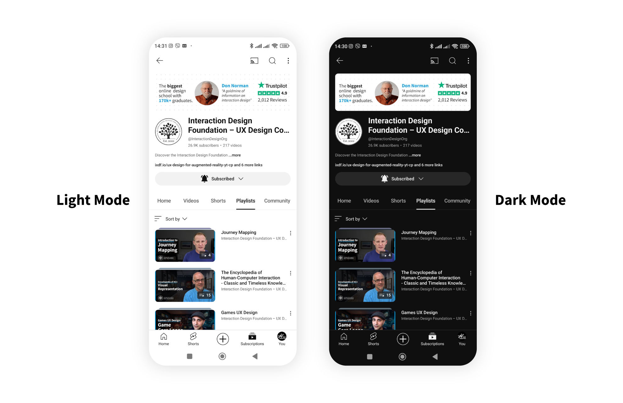 An image of two mobile phones, one with light mode on its screen and one with dark mode.