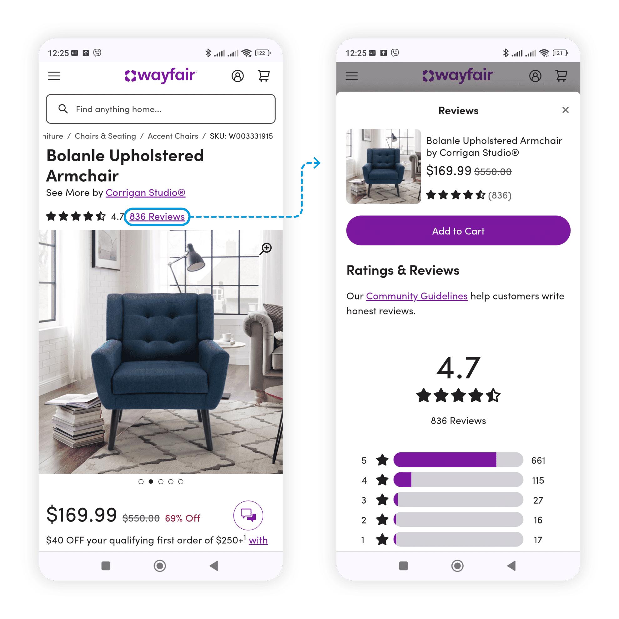 An image of two mobile phone screens showing the Wayfair app.