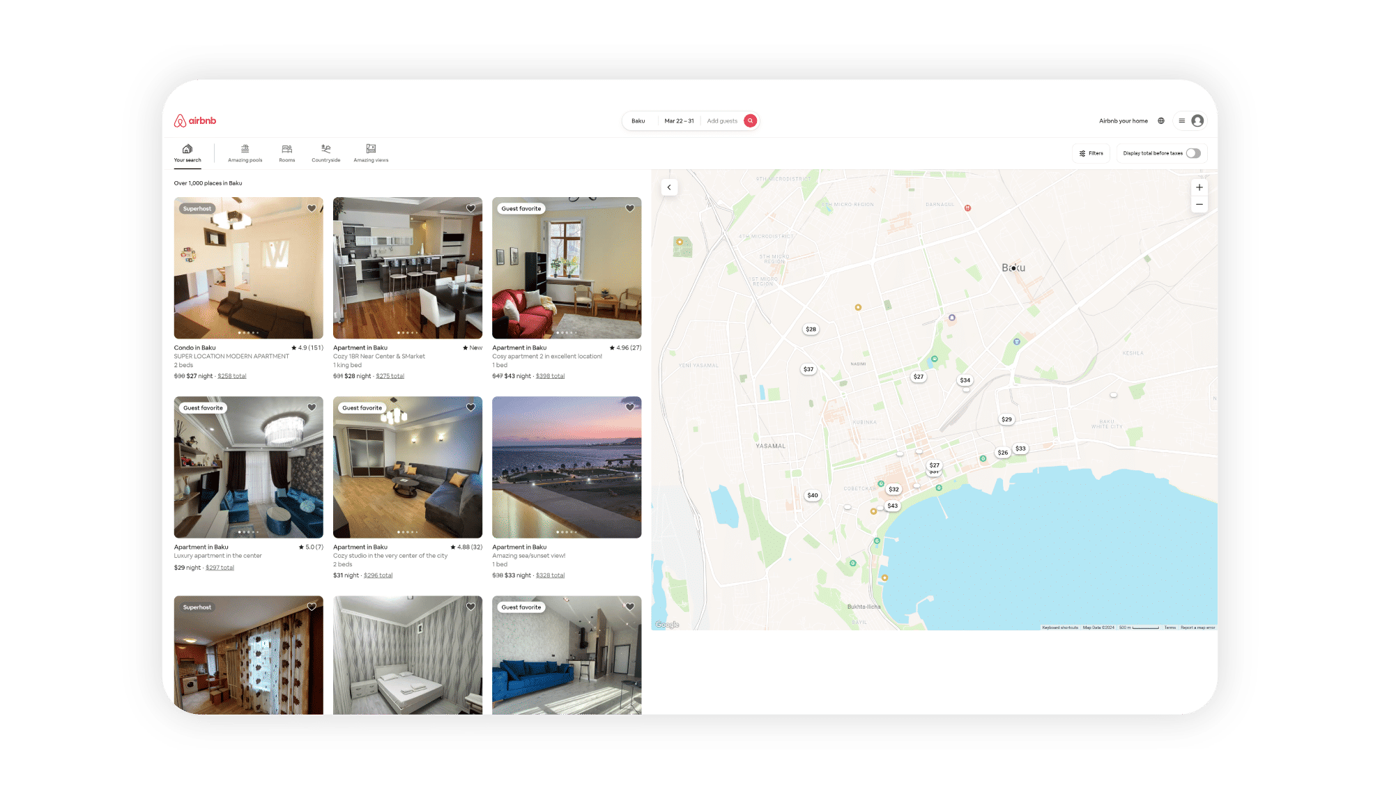 Screenshot from the Airbnb website showing Baku properties.