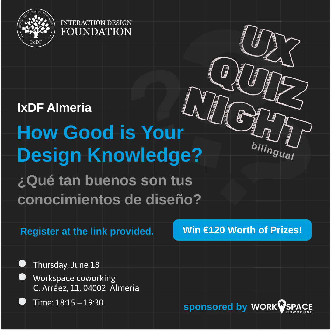 IxDF Almeria UX Quiz poster image for the upcoming meet-up in June