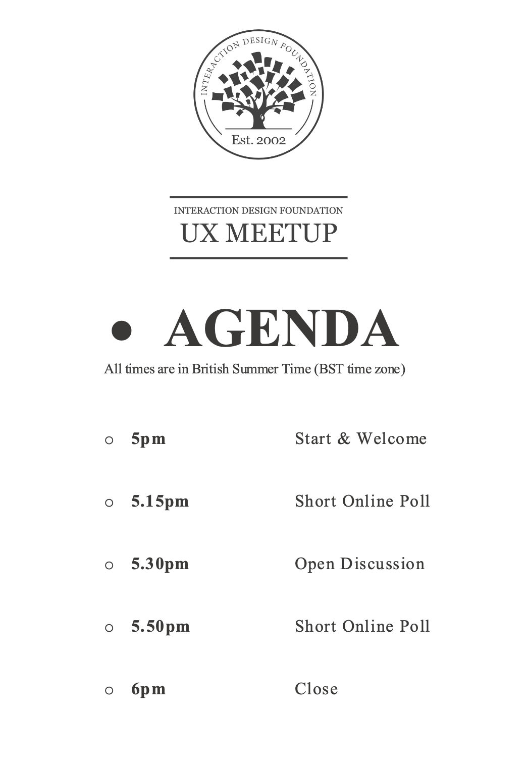 Agenda for IxDF Meetup 18 07 2021