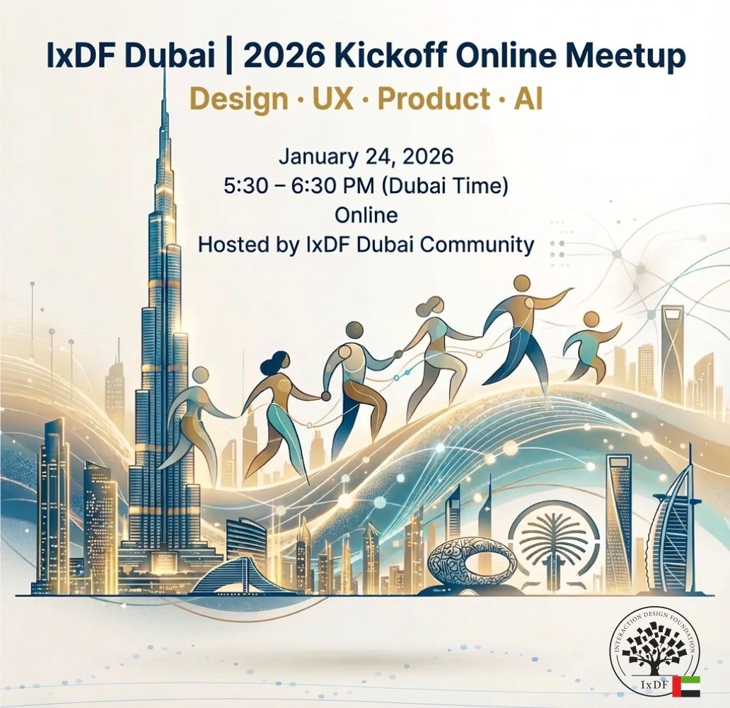 Illustration of designers and product thinkers gathered in Dubai with Burj Khalifa in the background, representing a 2026 design, UX, product, and AI community meetup.