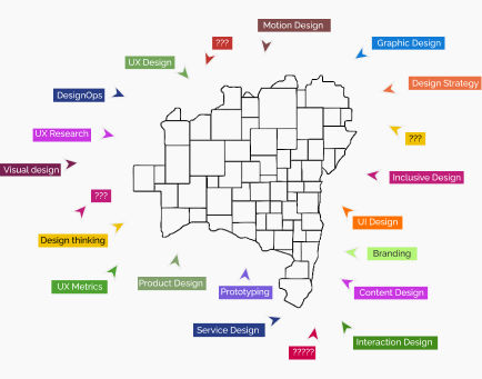 Illustrated map outline of the state of Bahia in Brazil at the center, surrounded by colorful labels pointing inward with different design disciplines such as UX Design, Product Design, Service Design, Interaction Design, UI Design, Content Design, DesignOps, UX Research, UX Metrics, Branding, Visual Design, Motion Design, Design Strategy, Design Thinking, Inclusive Design, and a few “???” tags suggesting open topics; the Interaction Design Foundation logo and the text “IxDF Salvador” appear centered below the map.