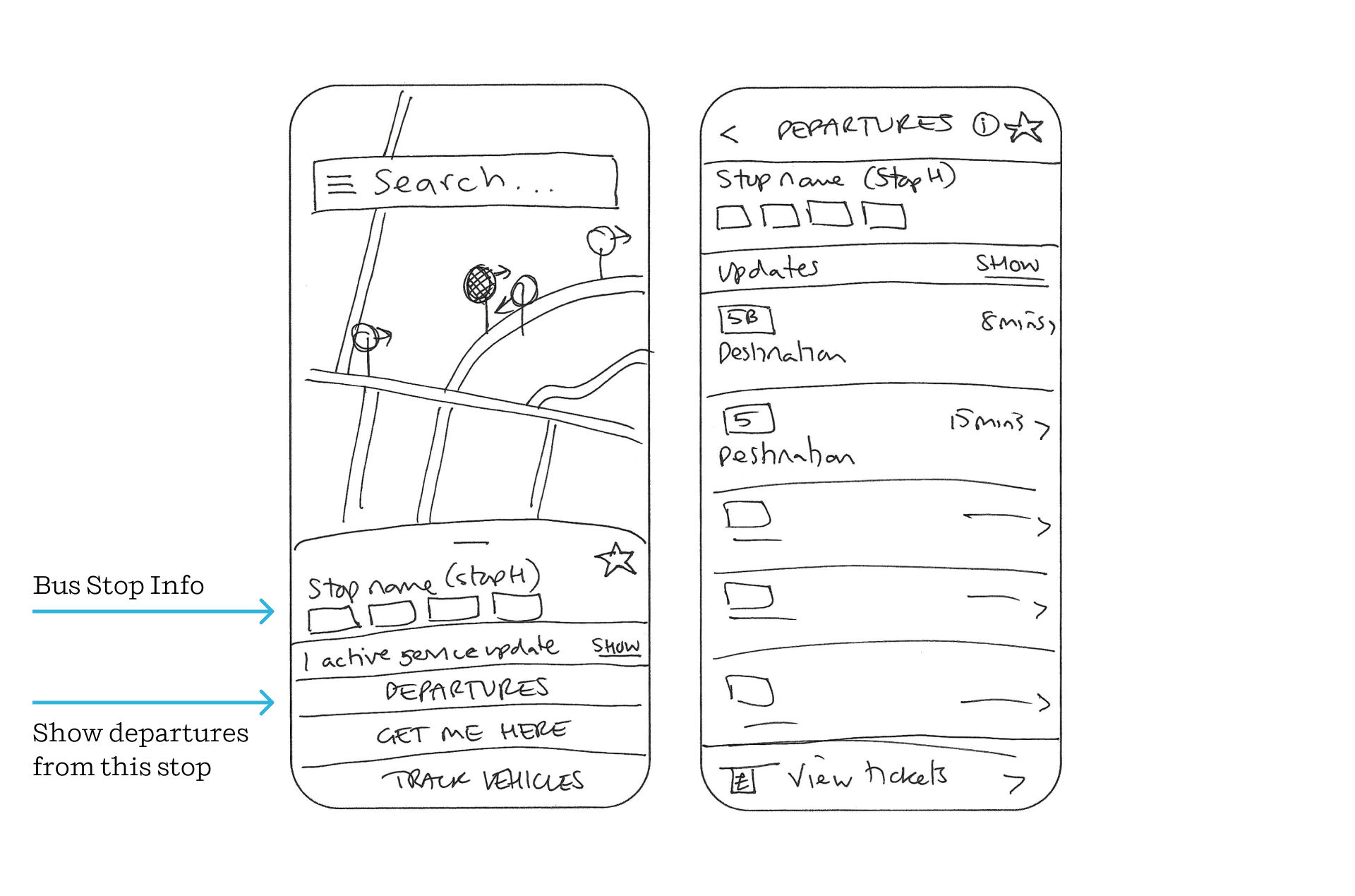 Sketch of Brighton & Hove Buses app departures info