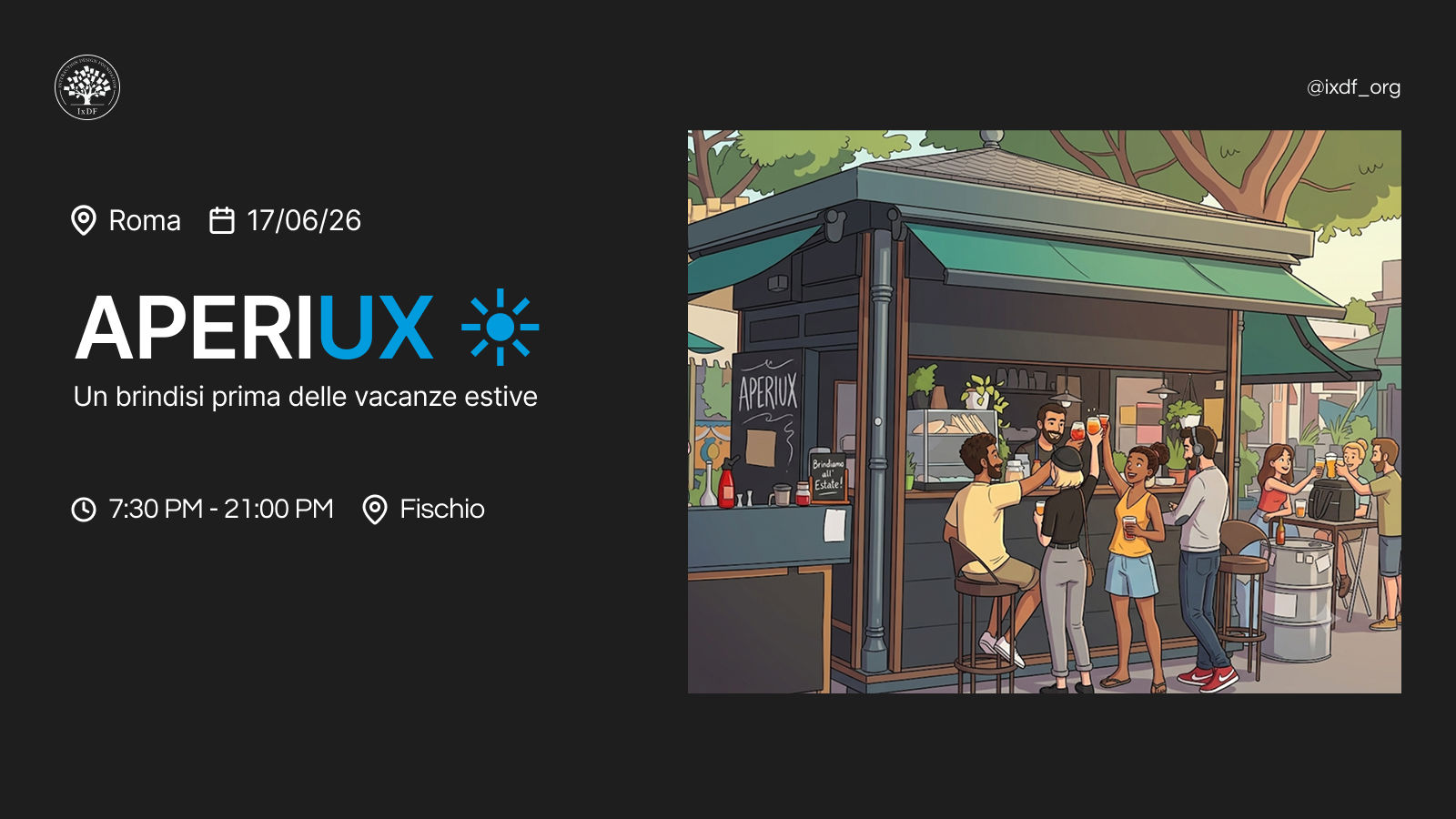 AI generated picture of the location "Fischio" with people having an aperitivo together