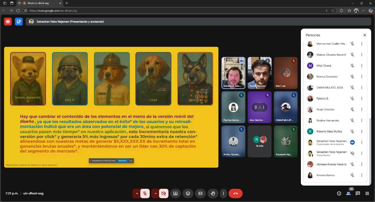 Screen Capture of the presentation in progress showing participants as 25 concurrent, with a dynamic showing dogs as tiers of roles, and what breakdown of knowledge is color coded in the paragraph. Sebastian Teles, Flowup design
