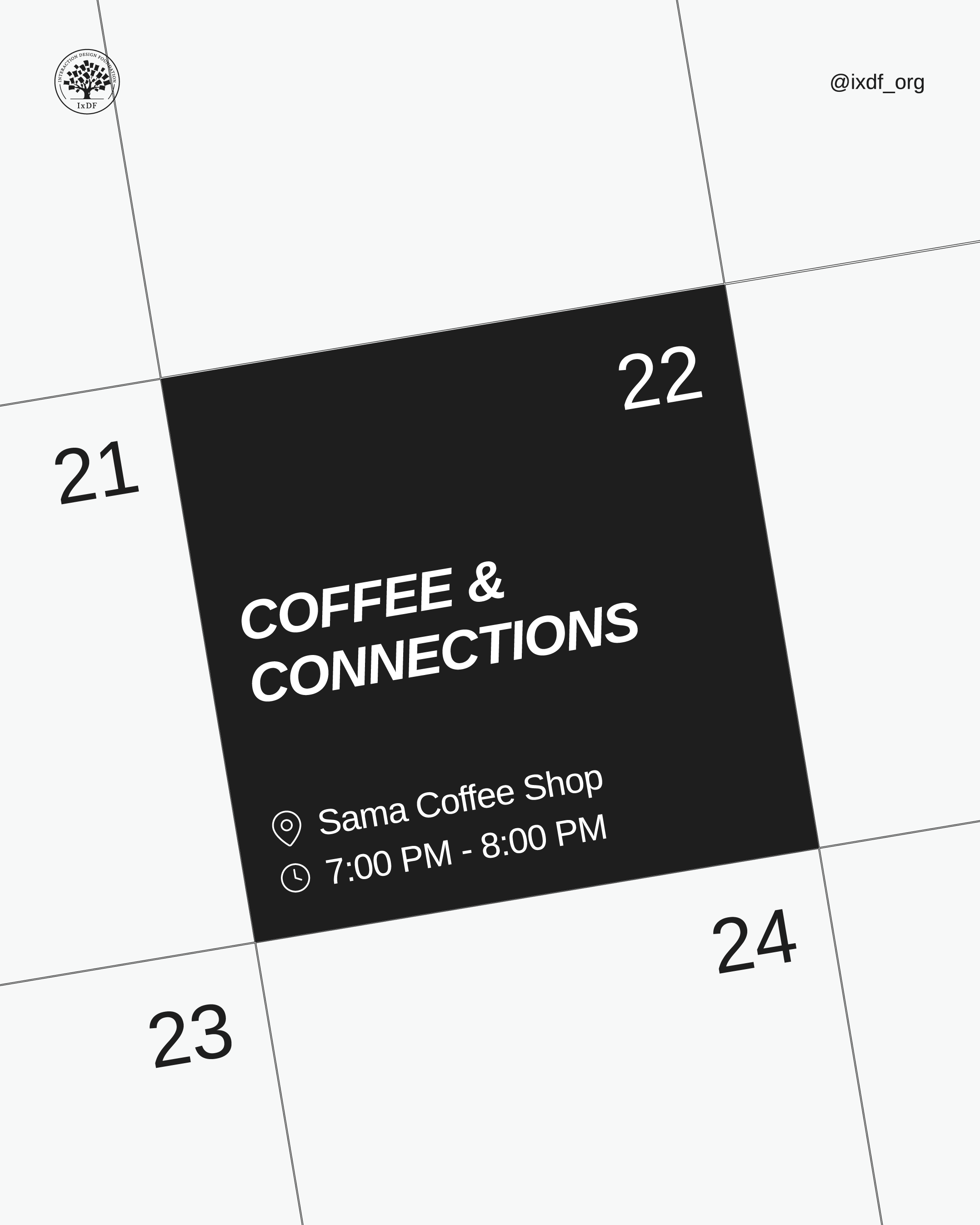 Calendar displaying Coffee & Connections Event on the 22nd from 7pm to 8pm, with graphics of iced coffee and a laptop