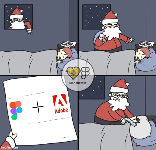 4-panel comic: Santa outside a sleeping child's window, Santa enters the room, Santa checks the child's wish list: it's an "Adobe and Figma merger", Santa suffocates child with a pillow.