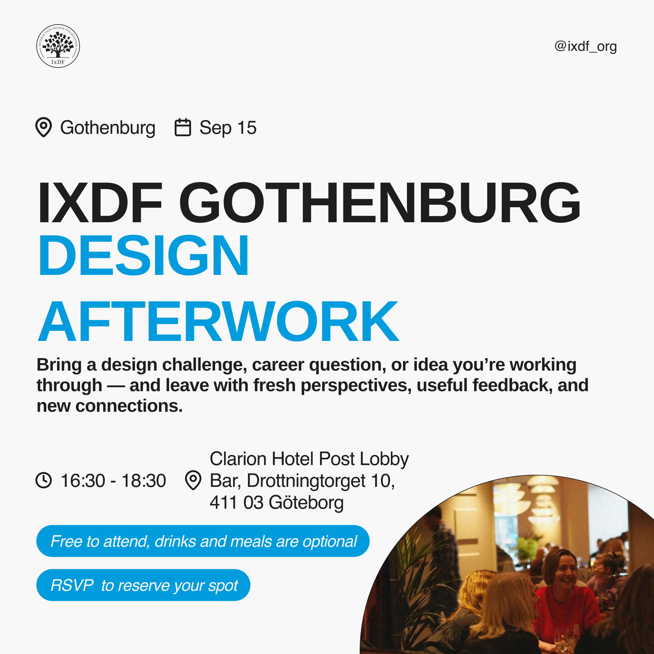 IxDF Gothenburg Design Afterwork meetup poster for September 15 at Clarion Hotel Post in Gothenburg